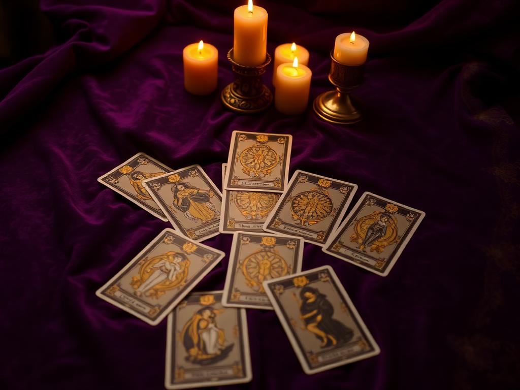 Tarot cards spread by candlelight